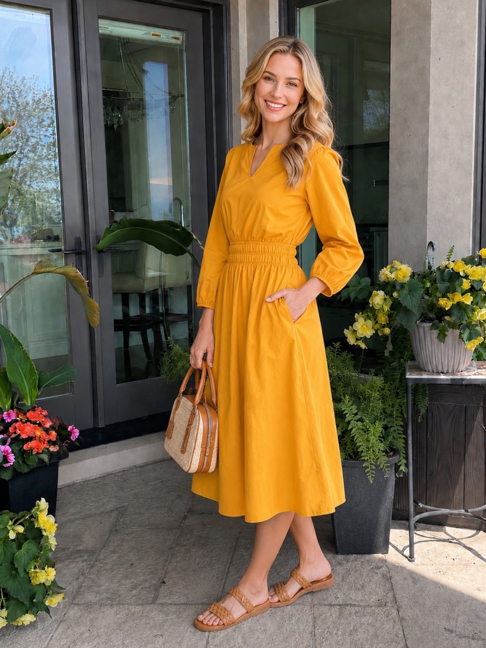 TALBOTS Smocked Poplin Yellow A-Line Midi Dress Split Neckline 3/4 Sleeve Sz 10 - Picture 2 of 16